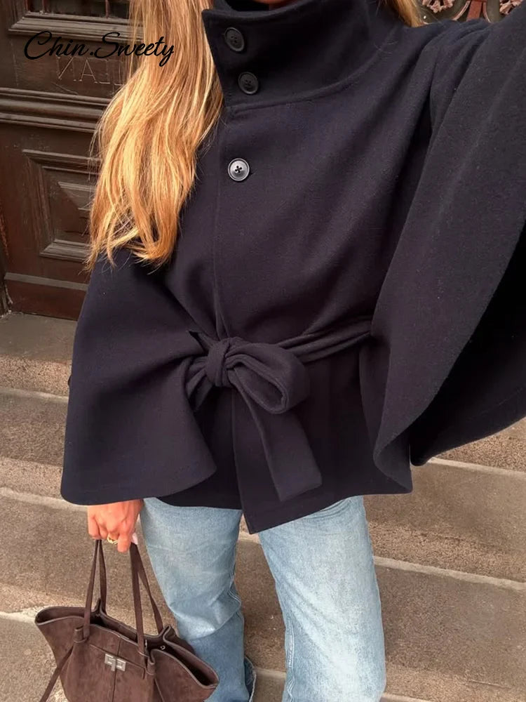 Poncho Mantel mit Stehkragen & Gürtel