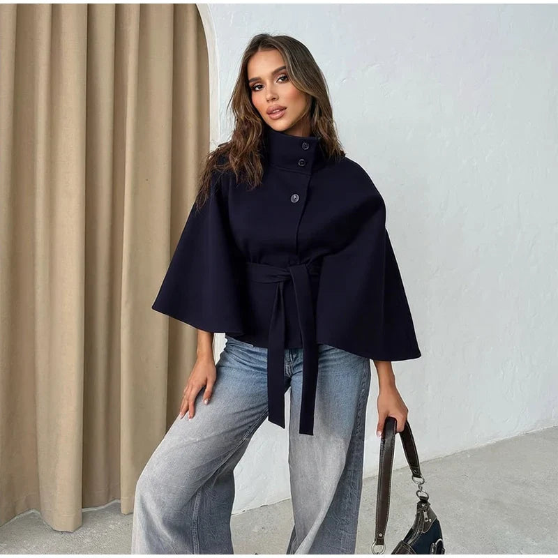 Poncho Mantel mit Stehkragen & Gürtel