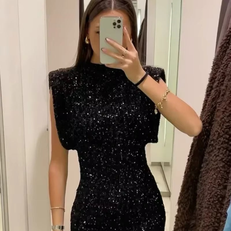 Schwarzes Pailetten Mini Kleid