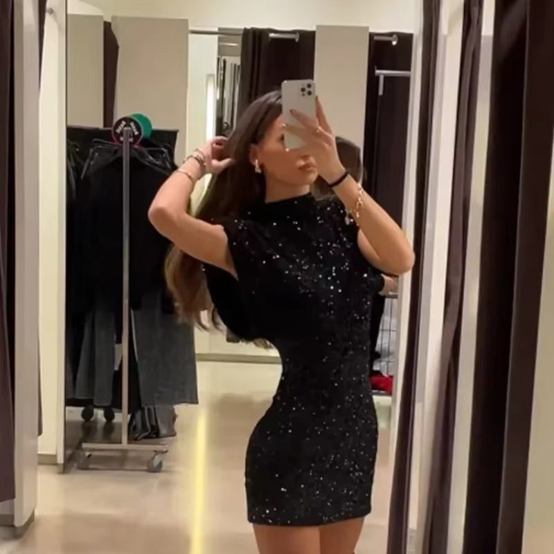 Schwarzes Pailetten Mini Kleid