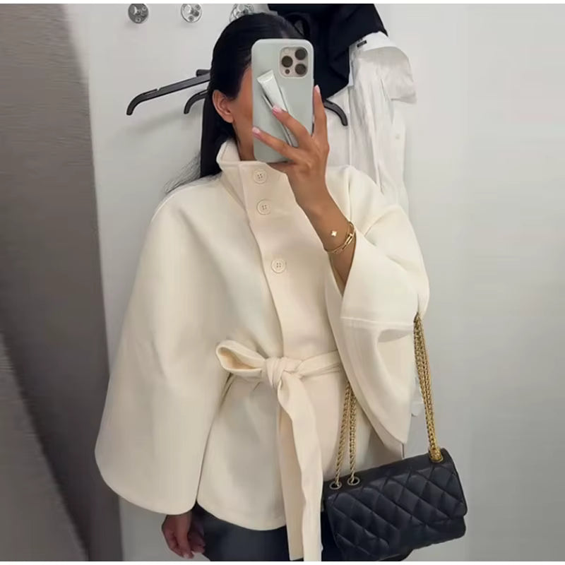 Poncho Mantel mit Stehkragen & Gürtel