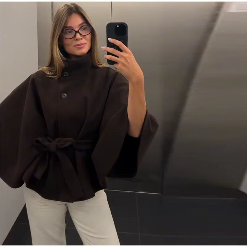 Poncho Mantel mit Stehkragen & Gürtel