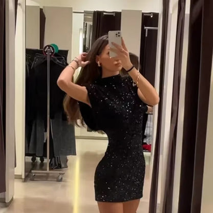 Schwarzes Pailetten Mini Kleid